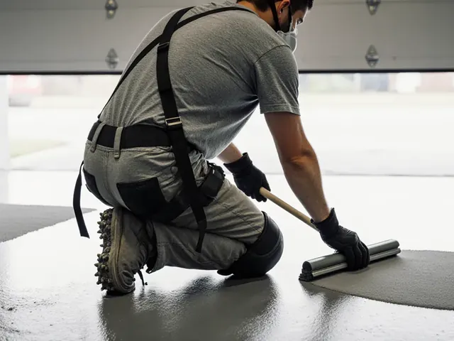 Installer spreading a base coat across a garage slab