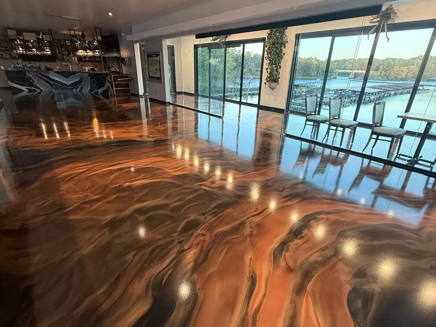 Copper metallic epoxy floor by G Epoxy Pro at Alatoona Grill