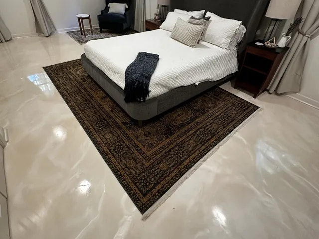 Primary bedroom, metallic epoxy floor