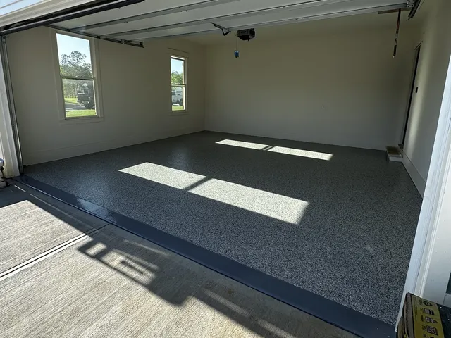 Two-car garage, epoxy flake floor
