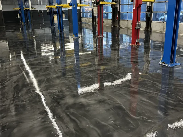 Multi-bay auto shop, metallic epoxy floor
