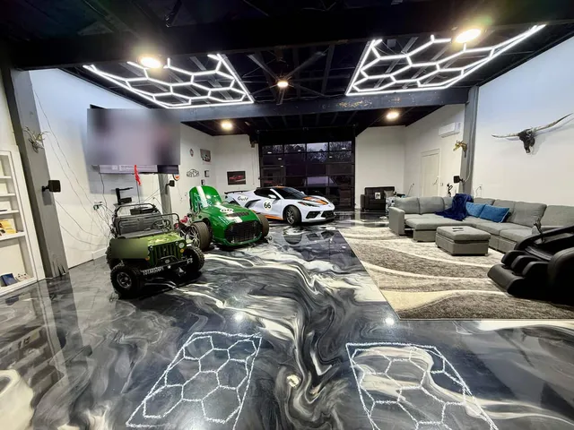 Garage showroom, metallic epoxy floor