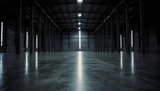 Polished concrete floor running the length of an empty industrial building, overhead lights reflected in the surface